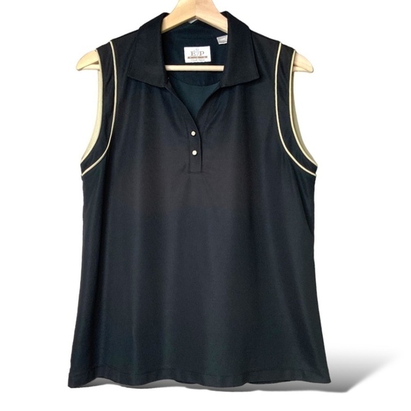 EP PRO Golf Sleeveless Polo Shirt Easy Care Poly Black with Pale Yellow Trim XL - Picture 3 of 11